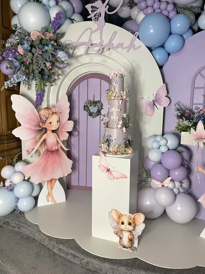 Birthday decor in Leicester by Lulu Belle Events. Fairy / enchanted garden. Lilac, pale blue, white, pink and soft purple. Large organic balloon garland arching over and around the backdrop. Lilac, pale blue, white and mid purple.
